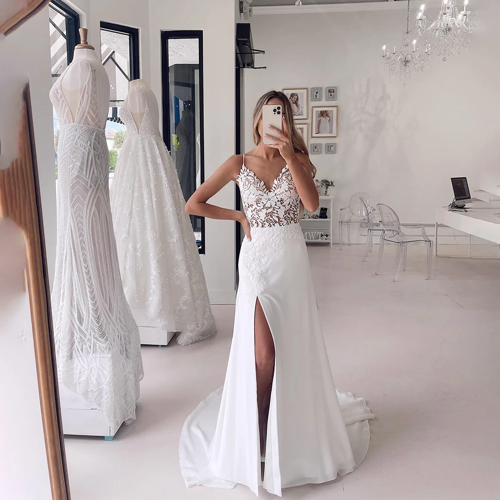 

Elegant Floral Appliques Lace Satin V-neck Wedding Dress for Women Mermaid Side Slit Court Bridal Party Gown vestidos de novia