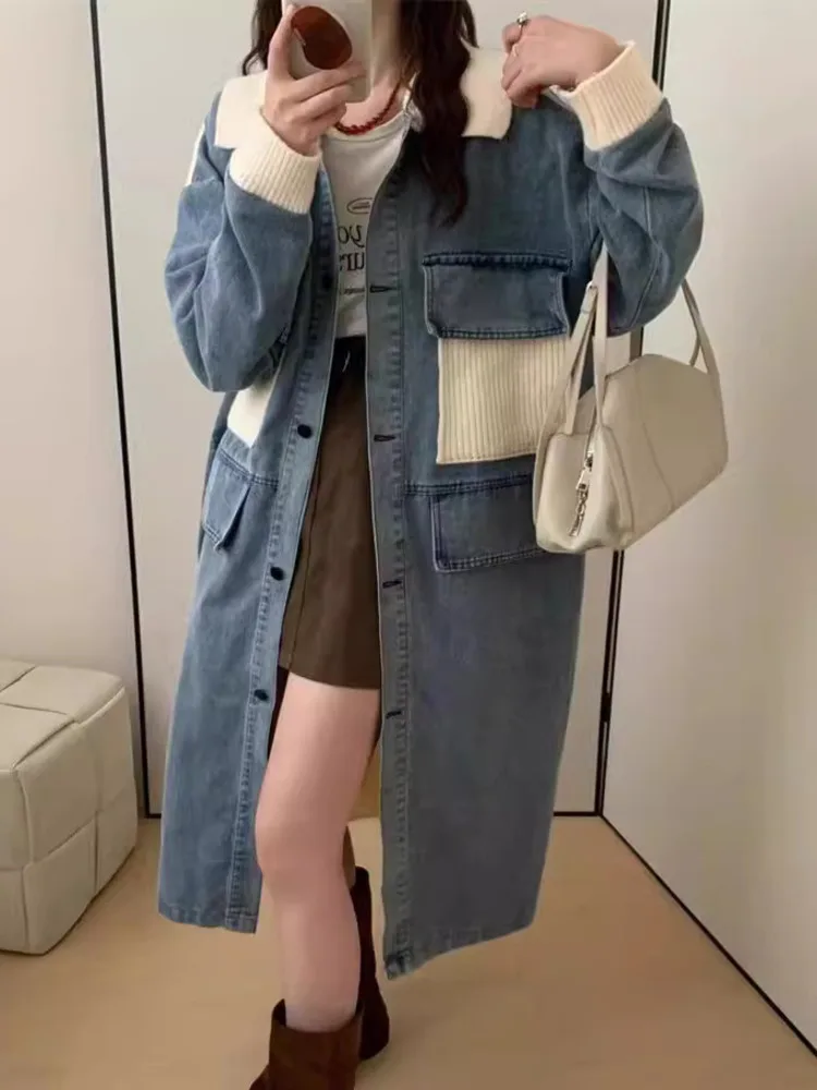 UCXQ Fashion Denim Jacket Korean Style Knit Patchwork Loose Single Breasted Street Tide Long Coat Women 2024 Spring Autumn C1933