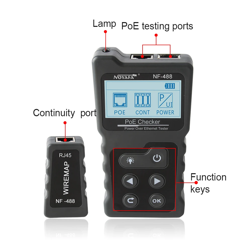 NF-488 Multi-functional LCD Network Cable Tester PoE Checker Inline PoE Voltage and Current Tester with Cable Tester