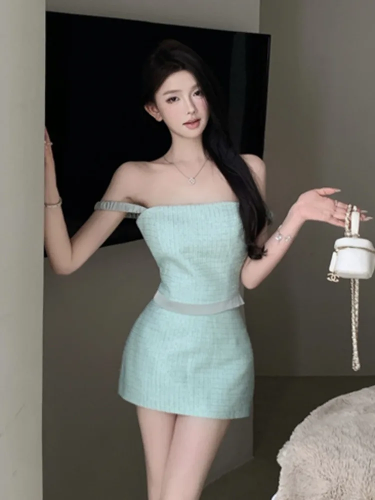 High Quality Korean Sweet Tweed Two Piece Set Women Vest Top + Skirt Suits Girl Hotsweet 2 Piece Outfit French Conjuntos Cortos