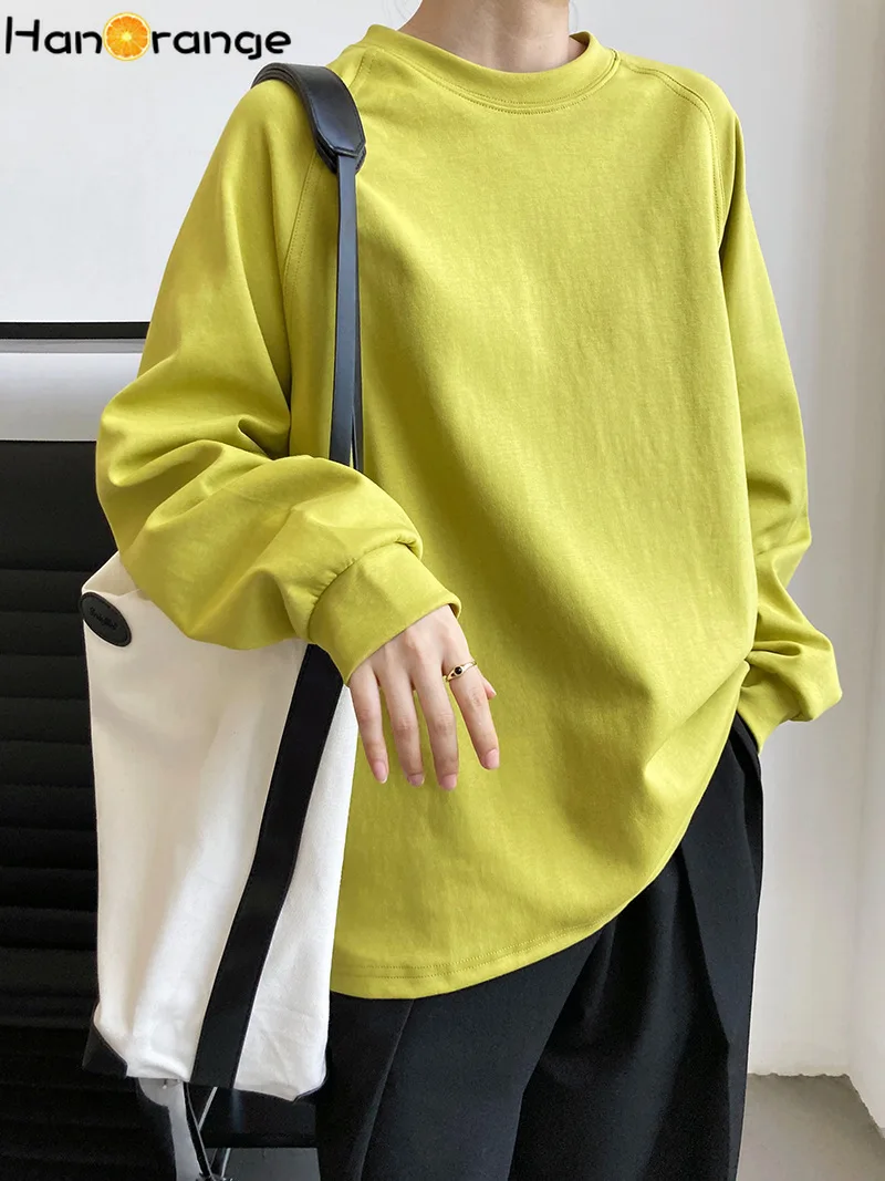 HanOrange 2024 Einfarbig Oansatz Langarm Sweatshirt Frauen Dünne Herbst Faul Lose Bodenbildung Top Avocado Grün/Weiß/grau