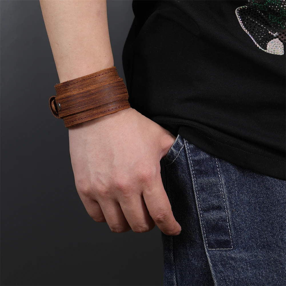 2024 Vintage Jewelry Handmade Weave Genuine Leather Bracelet Men Charm Cuff Wide Leather Bracelet Pulsera Hombre