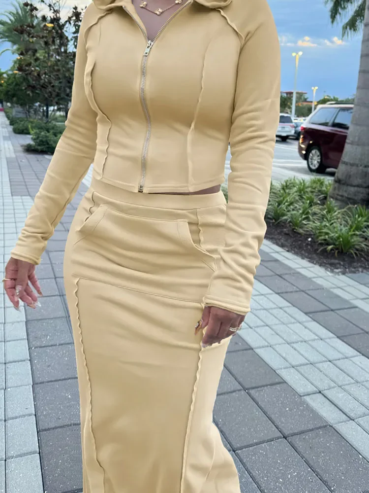 الخريف الشتاء 2 قطعة مجموعة للمرأة الملابس عارضة طويلة الأكمام مقنعين سستة سترة معطف وتنورة طويلة مطابقة مجموعات وتتسابق