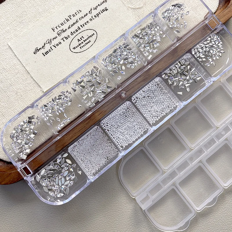 12-roosters Mix vormen Sparkle Mini afgeschuinde zirkoon plaksteen diamanten Nail Art strass decoraties manicure ornamenten set