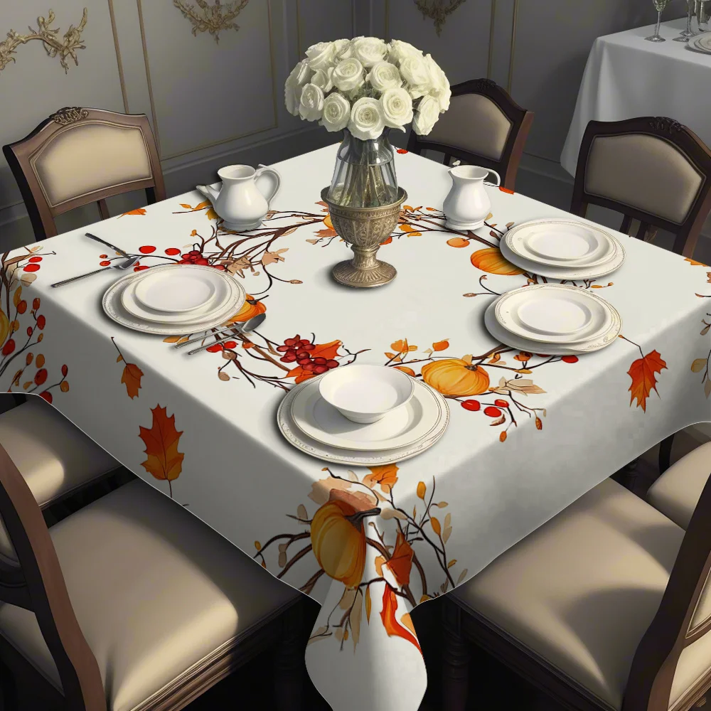 JIT 1PC printed tablecloth, square tablecloth, with pumpkin and autumn leaves patterns, presenting a refreshing autumn stylexzj