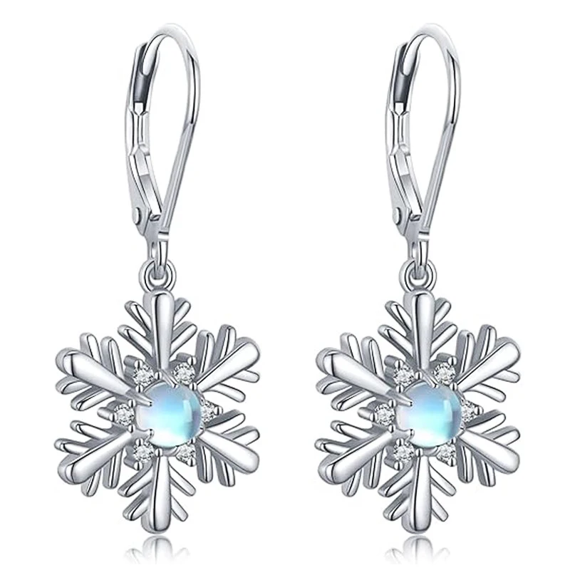 Huitan Christmas Snowflake Pendant Earrings for Women Silver Color Imitation Moonstone Accessories for Party Winter Jewelry Gift