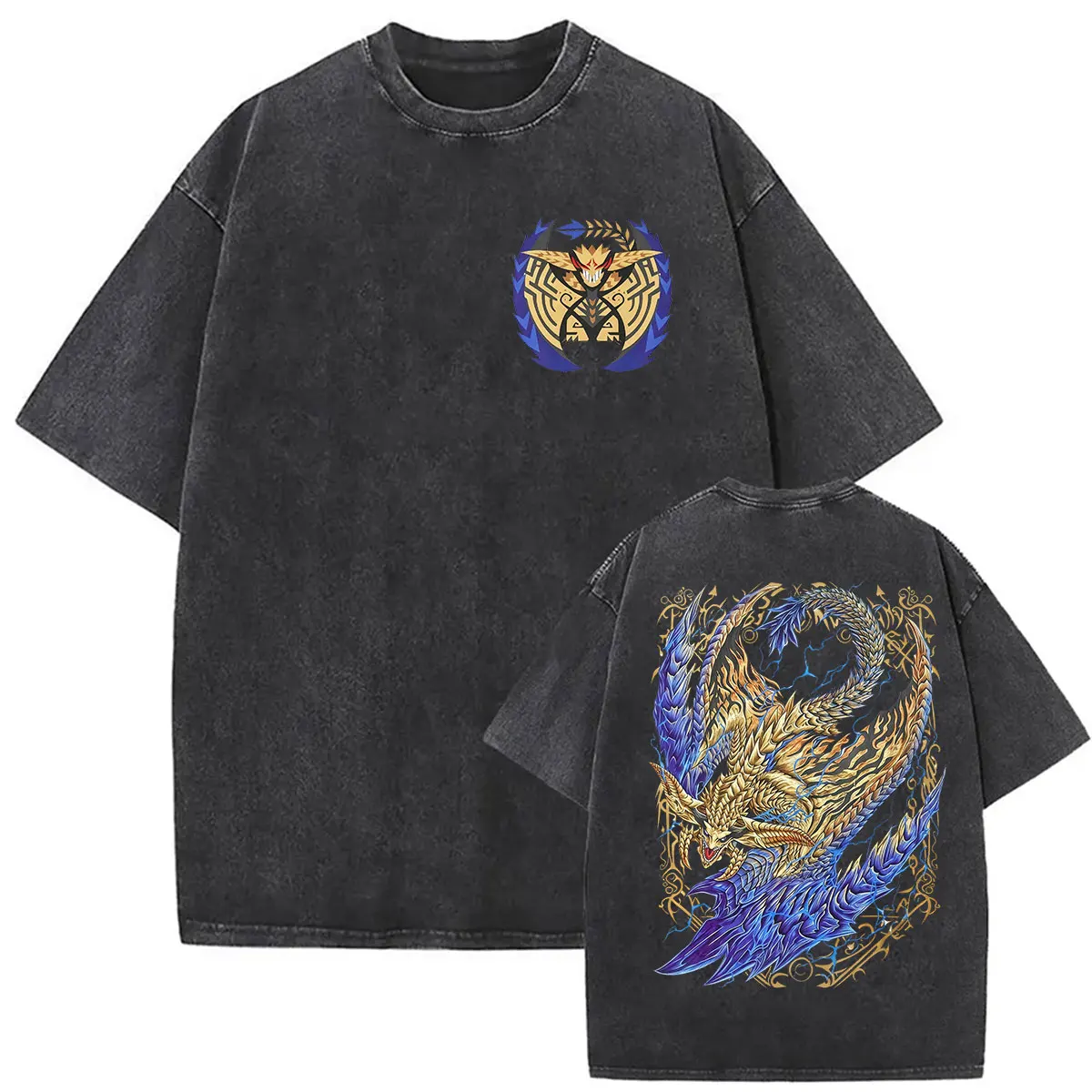 Vintage Washed Rey Dau The Shining Thunder Monster Hunter Game Fans T-shirt Men Women Casual Cotton Oversized T Shirt Streetwear
