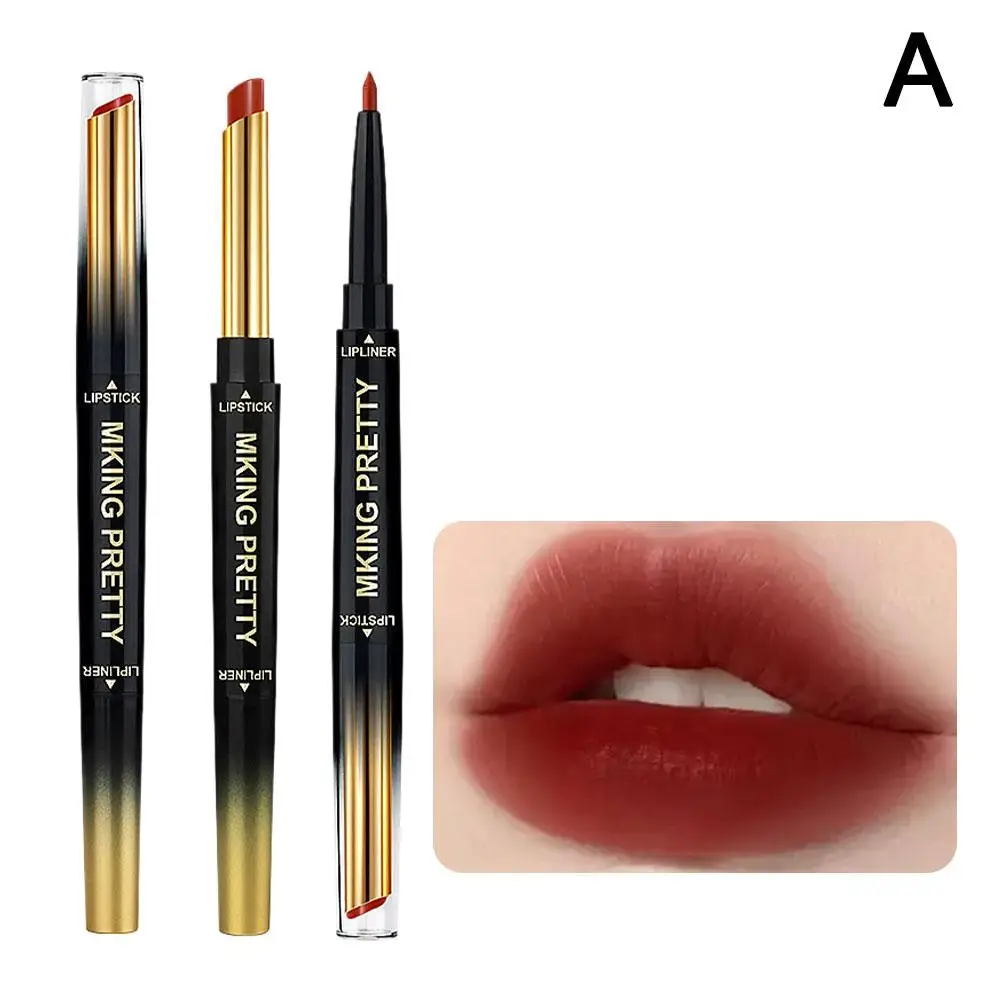 Lápiz labial mate de doble punta, delineador de labios 2 en 1 para mujer, lápiz labial de maquillaje, lápiz labial cosmético resistente al agua, labios mate desnudos, rojo duradero U3A4