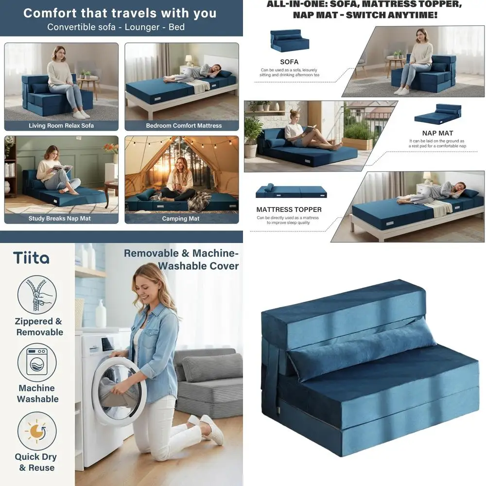 

Convertible Twin Size Sofa Bed with Pillow, Sleeper Chair Bed, Floor Mattress for Guest Room, Living Room, Blue