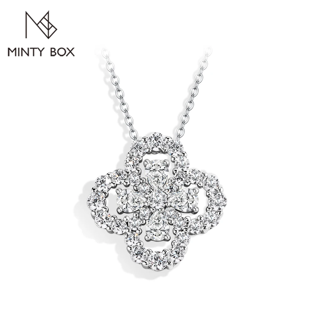 MINTYBOX S925 Silver Moissanite Diamond Loop Full Motif Pendant Clover Diamond White Gold Necklaces for Women Girls Jewelry Gift