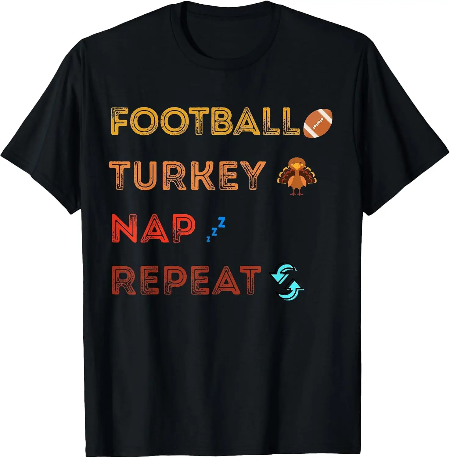 Football Turkey Nap Repeat Family Funny Thanksgiving Day T-Shirt Men's Thanksgiving Day Retro Graphic Print T‑Shirt, Casual Short Sleeve Crew Neck Cotton Tee, Autumn Fall Holiday Daily Party Tops for Men.