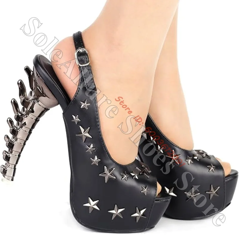 Sandales à talon squelette orné de étoiles, plateforme, à bride arrière, bout ouvert, en cuir noir, avec boucle réglable, style gothique, talon haut