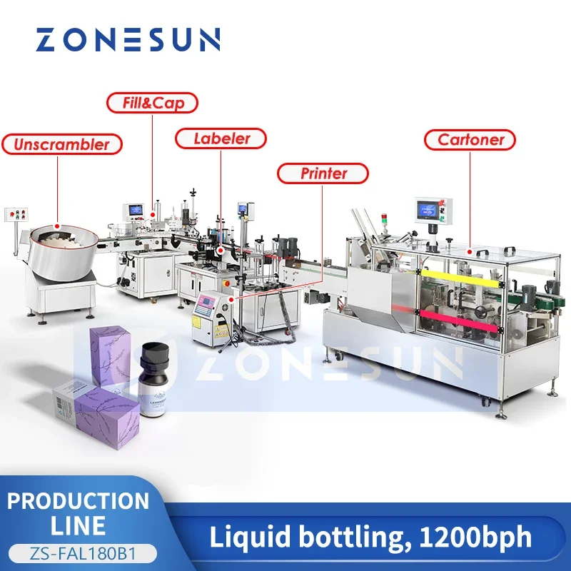 ZONESUN Automatic Liquid Packaging Line Unscrambler Fill and Capping Machine Labeler Inkjet Printer Cartoner ZS-FAL180B1