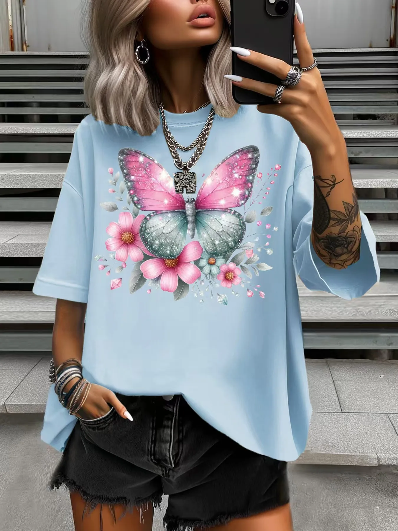 ฤดูร้อน PLUS ขนาดแฟชั่นผู้หญิงเสื้อยืด Original Design เพชรผีเสื้อพิมพ์ผู้หญิงลําลองลูกเรือคอเสื้อแขนสั้น