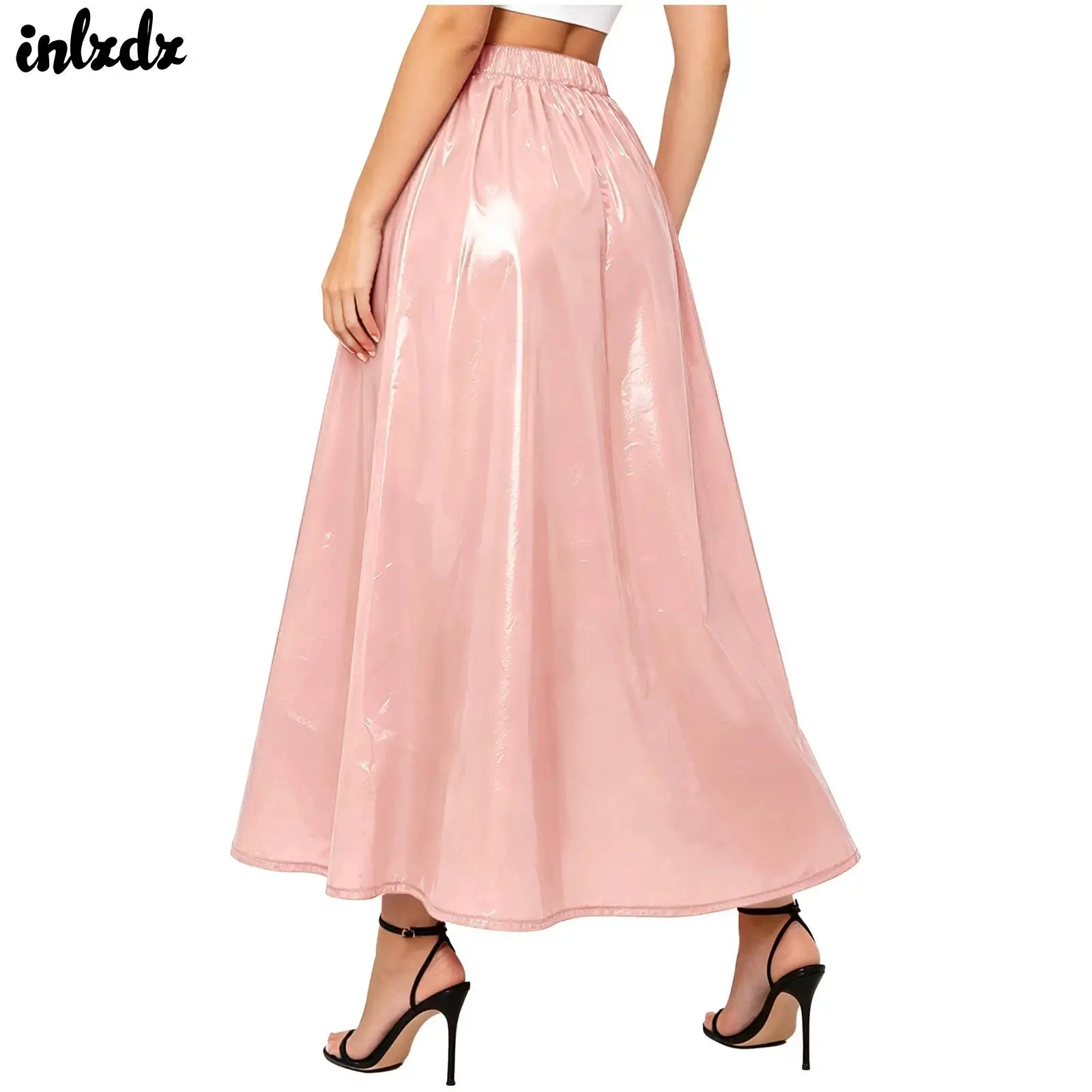 Womens Adult Elastic Waist Glossy Waterproof Long Skirt Metallic Shiny Glossy Cover-up Maxi Swing Skirt Rave Party Clubwear