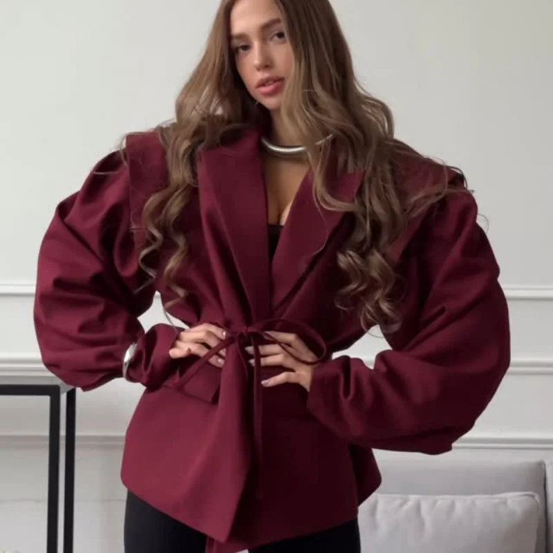 الصلبة التلبيب سترة للنساء كبيرة الحجم محززة واحدة الصدر منصات الكتف الستر 2025 مكتب سيدة كم طويل بلايز