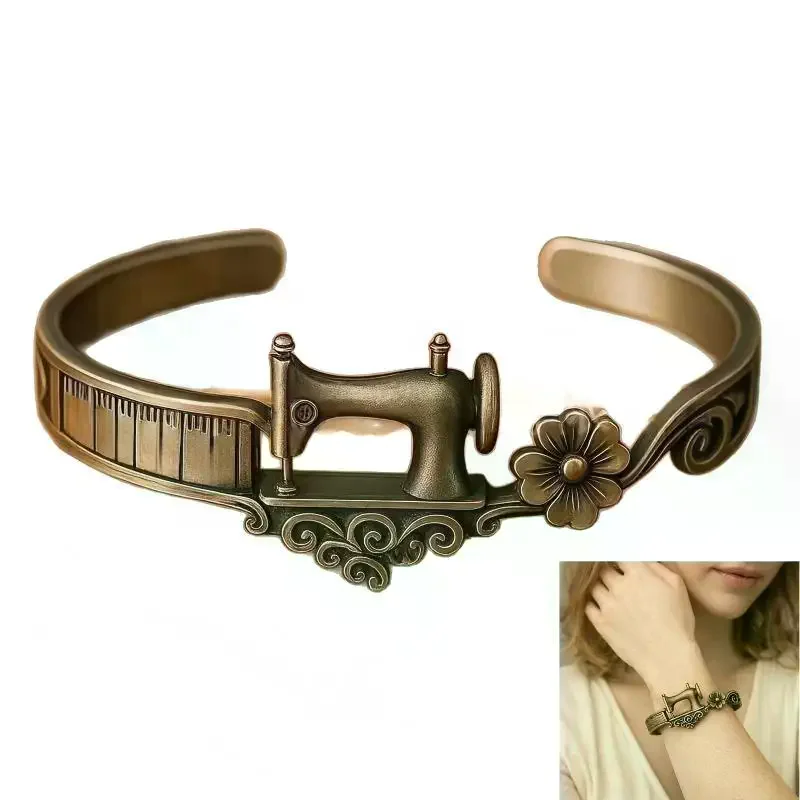 Sewing Machine Themed Bracelet, Vintage Measuring Tape Detail, Adjustable Jewelry Gift For Sewing Lovers