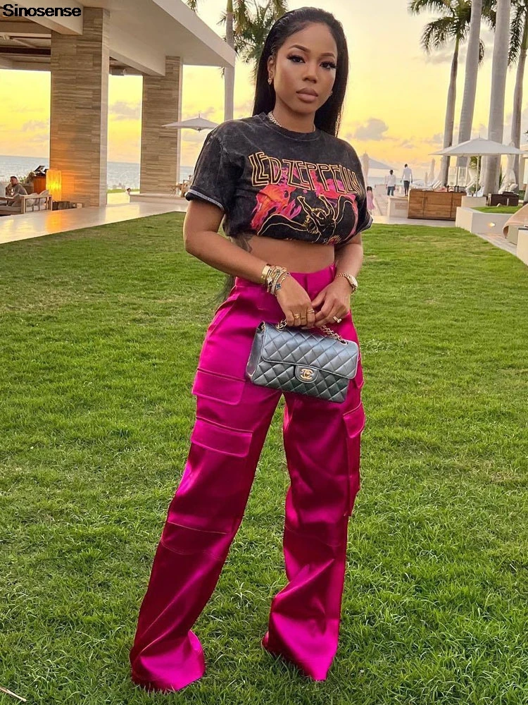 Women High Waisted Satin Cargo Pants Wide Leg Casual Pants Multi Pockets Loose Trousers Going Out Street Club Party Y2K Pants