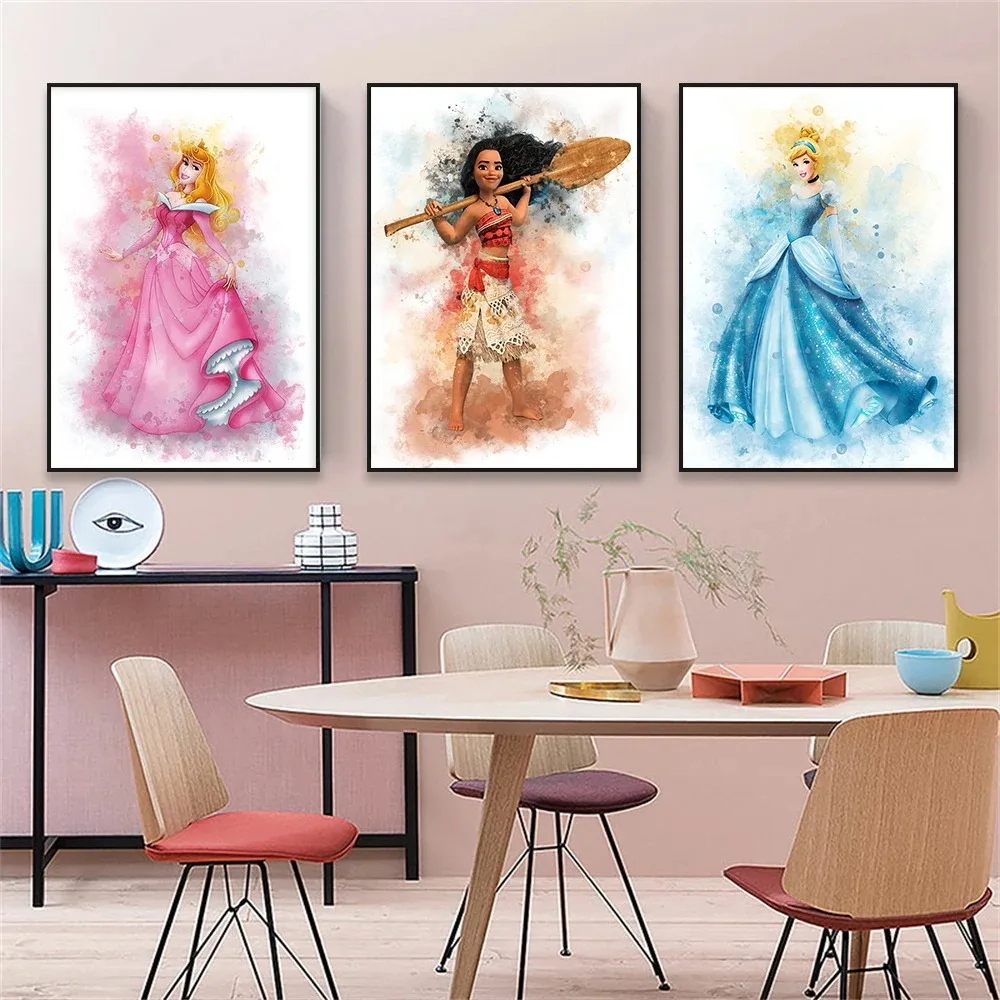 Princess Watercolour Prints Disney Princess Poster Cartoon Wall Decor Little Mermaid Princess Moana Rapunzel Canvas Painting