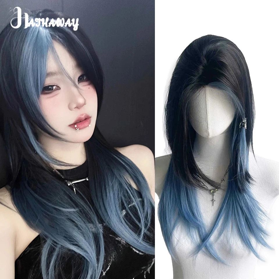 Synthetic Wig Small Lace Black And Brown Gradient Dark Blue Eight-character Bangs Long Vacation Hair Female Wolf Tail Gradient