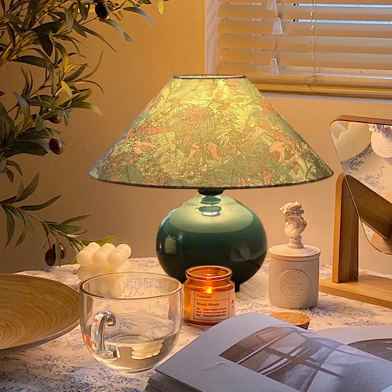 French Retro Rotundity Green Ceramics LED Table Lamps Printing Fabric Lampshade Living Room Bedroom Restaurant Office Desk Light