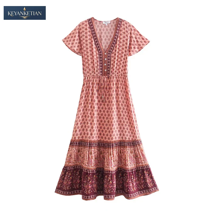 KEYANKETIAN 2026 Boho Vacation Floral Midi Dress V Neck Button , Flutter Short Sleeve & Drawstring Elastic Waist Tiered Dress