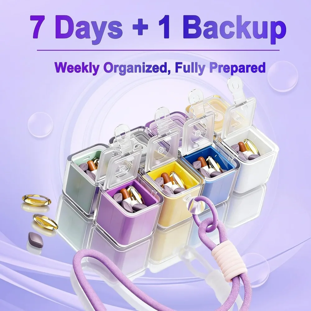 1/2Pcs Weekly Pill Organizer Travel 7 Day Pill Box with Magnetic for 8 Compartments Portable Pill Case for Vitamins Medication