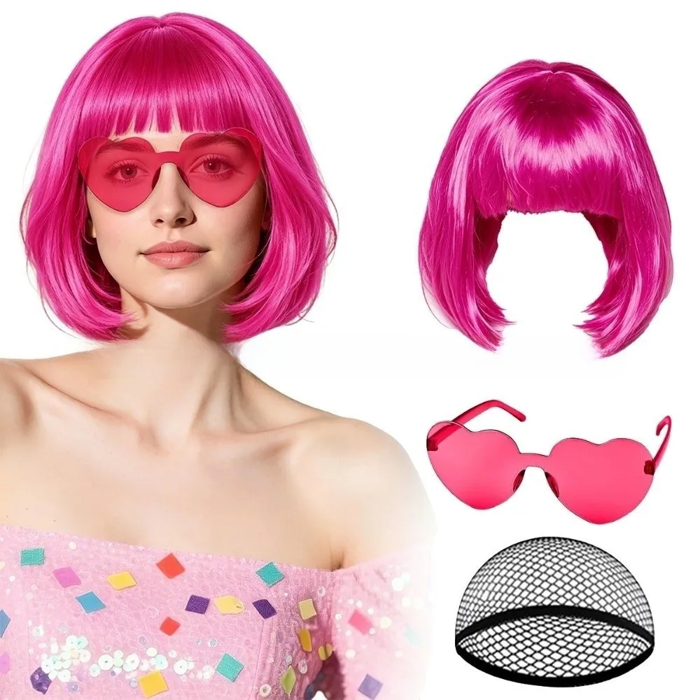 3Pcs Colorful Short Bob Hair Wig Halloween Party Cosplay Wig Set Christmas with Hairnet and Glasses Short Bangs Football Matches