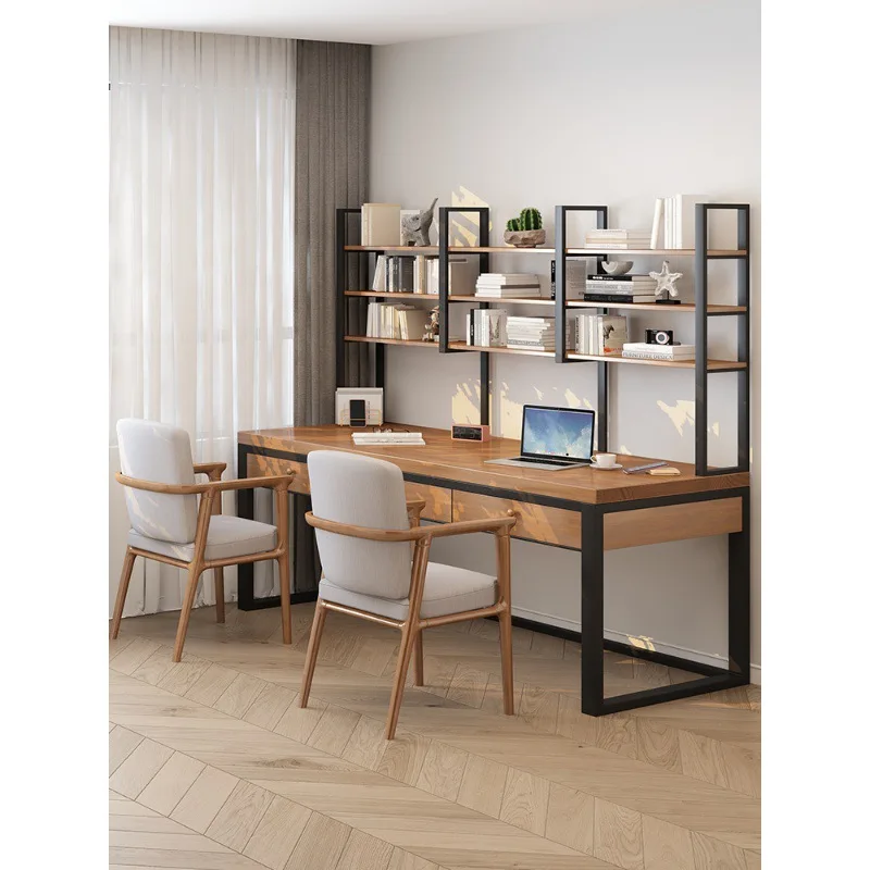 

Solid wood double desk bookshelf with drawers integrated table home study writing table loft long office computer desk