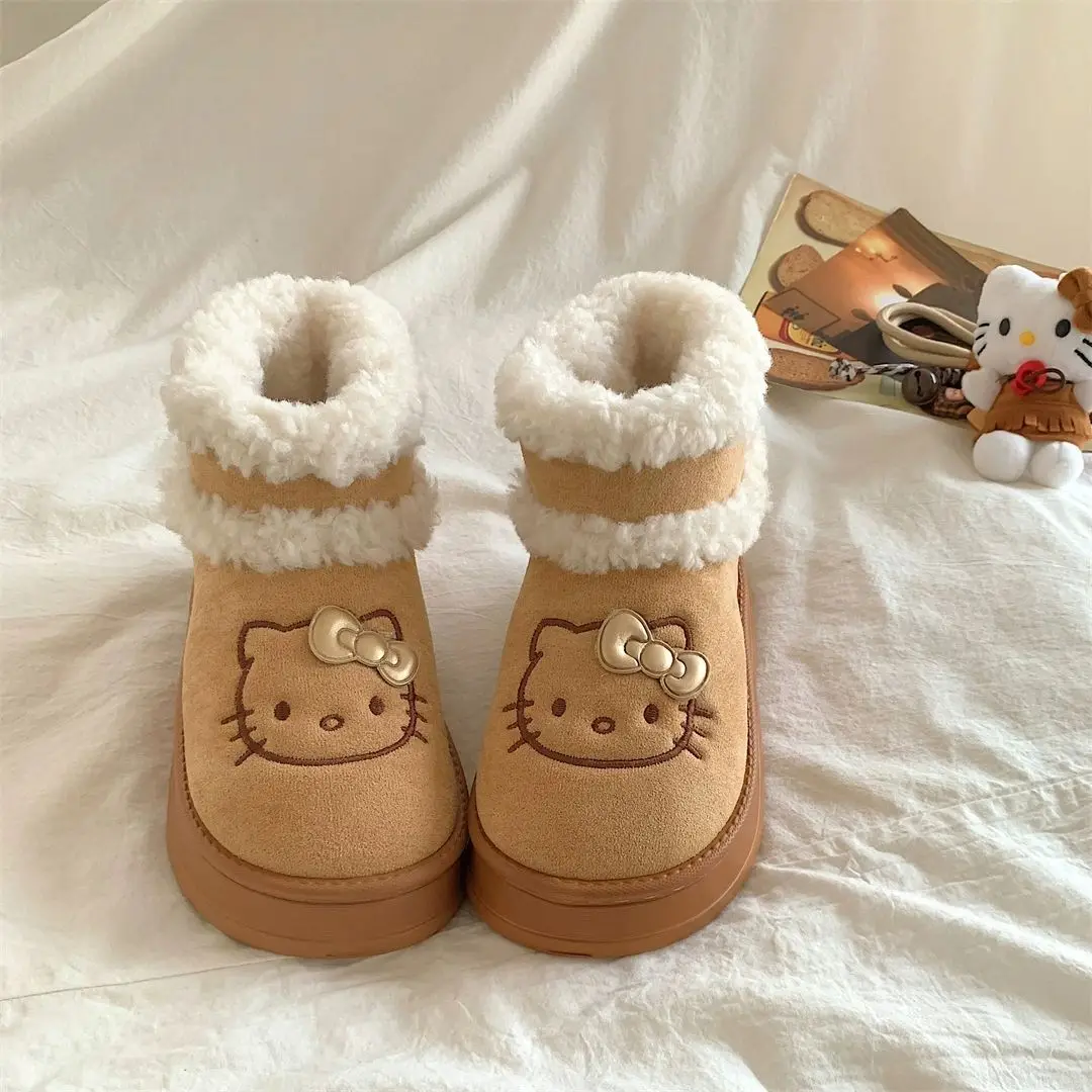 Hello Kitty animation peripheral kawaii cute autumn and winter velvet thickened high-top snow boots for girls warm cotton shoes