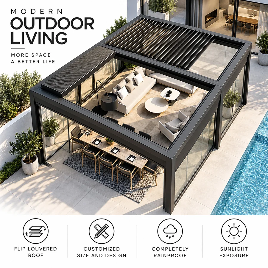 Luxury Bioclimatic 6063 T5 Aluminum Heavy Duty Motorized Louvered Pergola LED Remote Waterproof Electric Outdoor Gazebo Custom