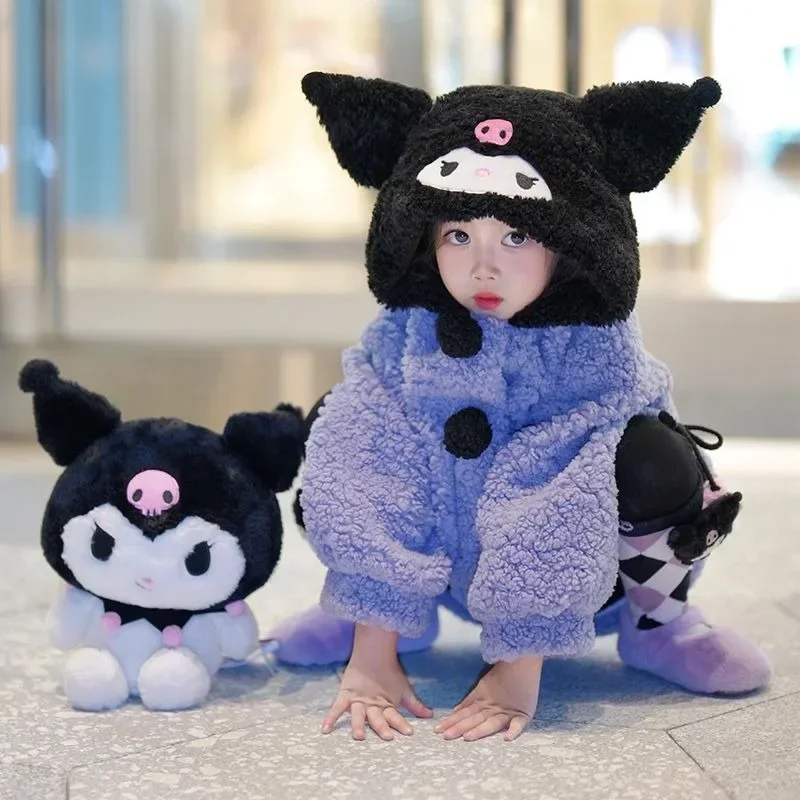 Kuromi Anime Kawaii  Long Sleeve Coat Cute Cartoon Children Sanrio Ins Winter Plus Hooded Warm Jacket Clothing Gifts for Kids