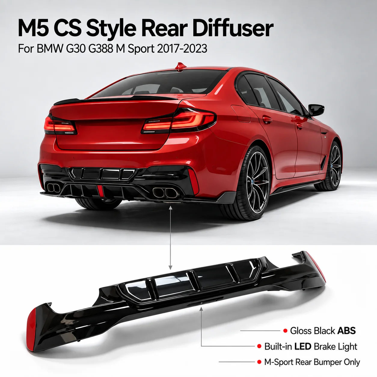 Heckdiffusor mit LED-Licht für BMW G30 G38 530i 525i 540i M Sport 2017-2023 M5 CS Style Hochglanz-Schwarz ABS Hecklippe Karosserie-Kit