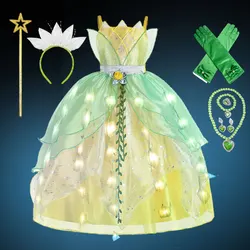 Fairy Tiana Princess and the Frog Role Play Dress for Girls with LED Light Fancy Illuminating Costume Carnival Green Floral Gown