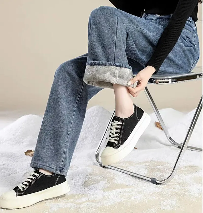 

Luxurious Women's Jeans Fall Winter High-waisted Slimming Wide Leg Denim Pants Fleece Lining Warmth Soft Comfortable Feel