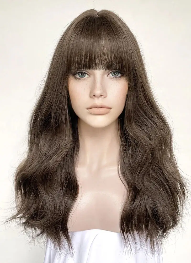 

Dark Brown Fringe Wavy Synthetic Hair Wigs for Black Women Glueless Thick Bangs Lolita Long Last Synthetic Lace Front Wigs