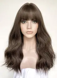 Pelucas de cabello sintético ondulado para mujeres negras, sin pegamento grueso flequillo, Lolita, larga duración, encaje frontal, marrón oscuro