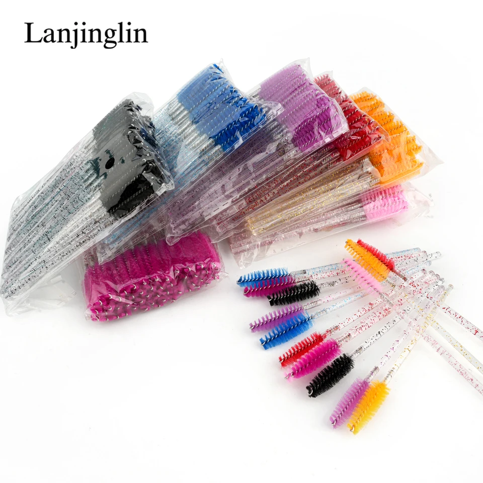 Lanjinglin 50/100 piezas de cepillos para pestañas de maquillaje, cepillo de cejas de cristal con mango de diamante, aplicador de máscara, herramientas de extensión