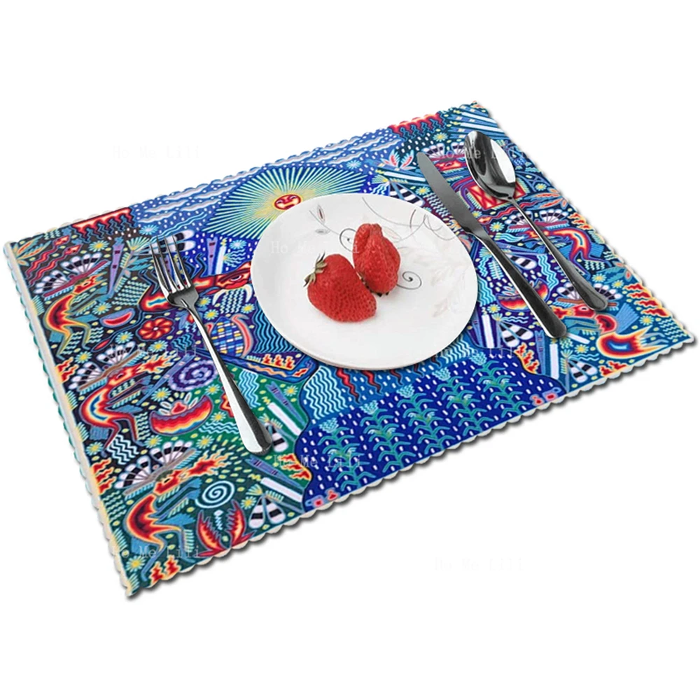 Mexican Folk Art Altar Moctezuma Aztec Ruler Huichol Yarn Painting Culture Symbology Polyester Fabric Placemats