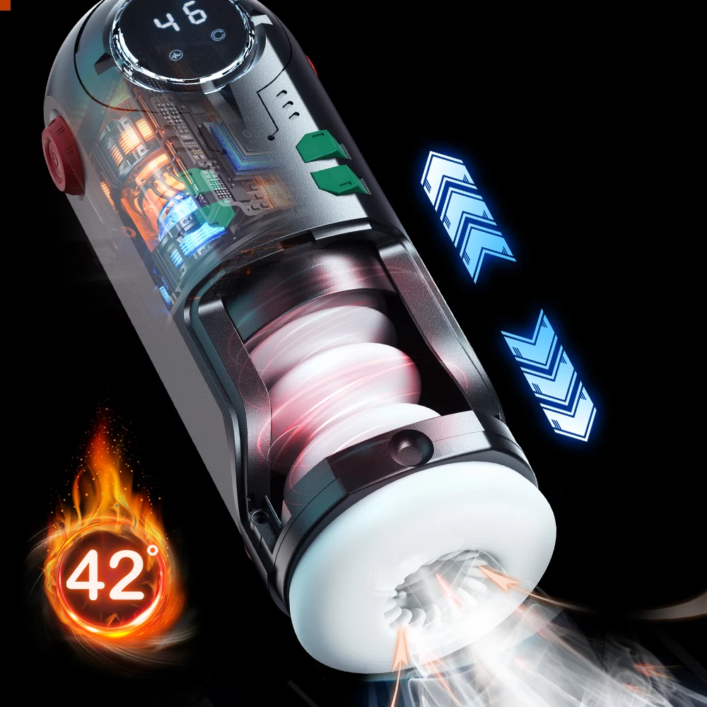 Automatic Telescopic Male Masturbator with Heating Realistic Vagina 9 Thrusting Pocket Pussy Stroker Blowjob Sex Toy for Men