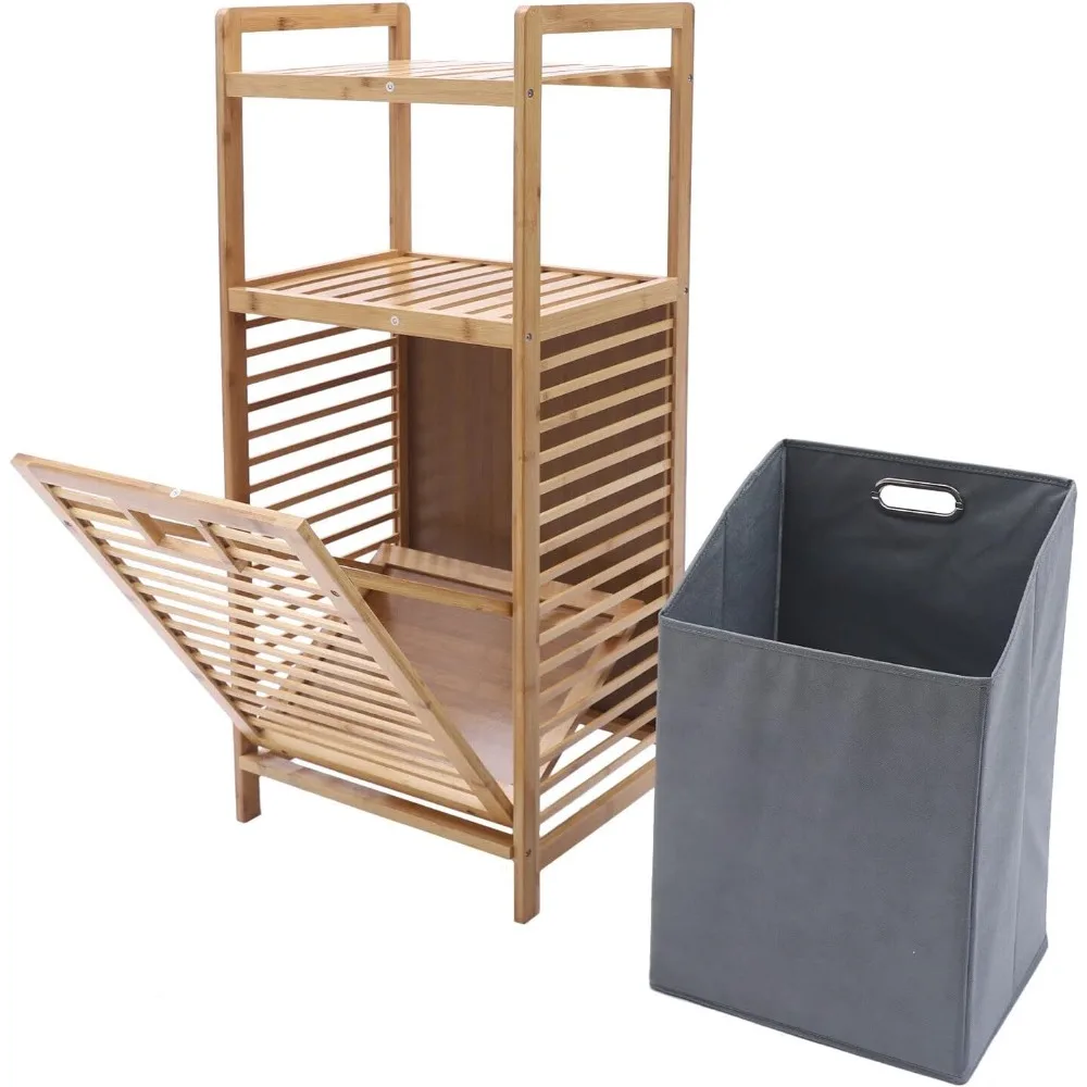 Laundry Hamper Bathroom Tilt-out Laundry Hamper Bamboo Tower Hamper Dirty Clothes Basket with 2-Tier Storage Shelves