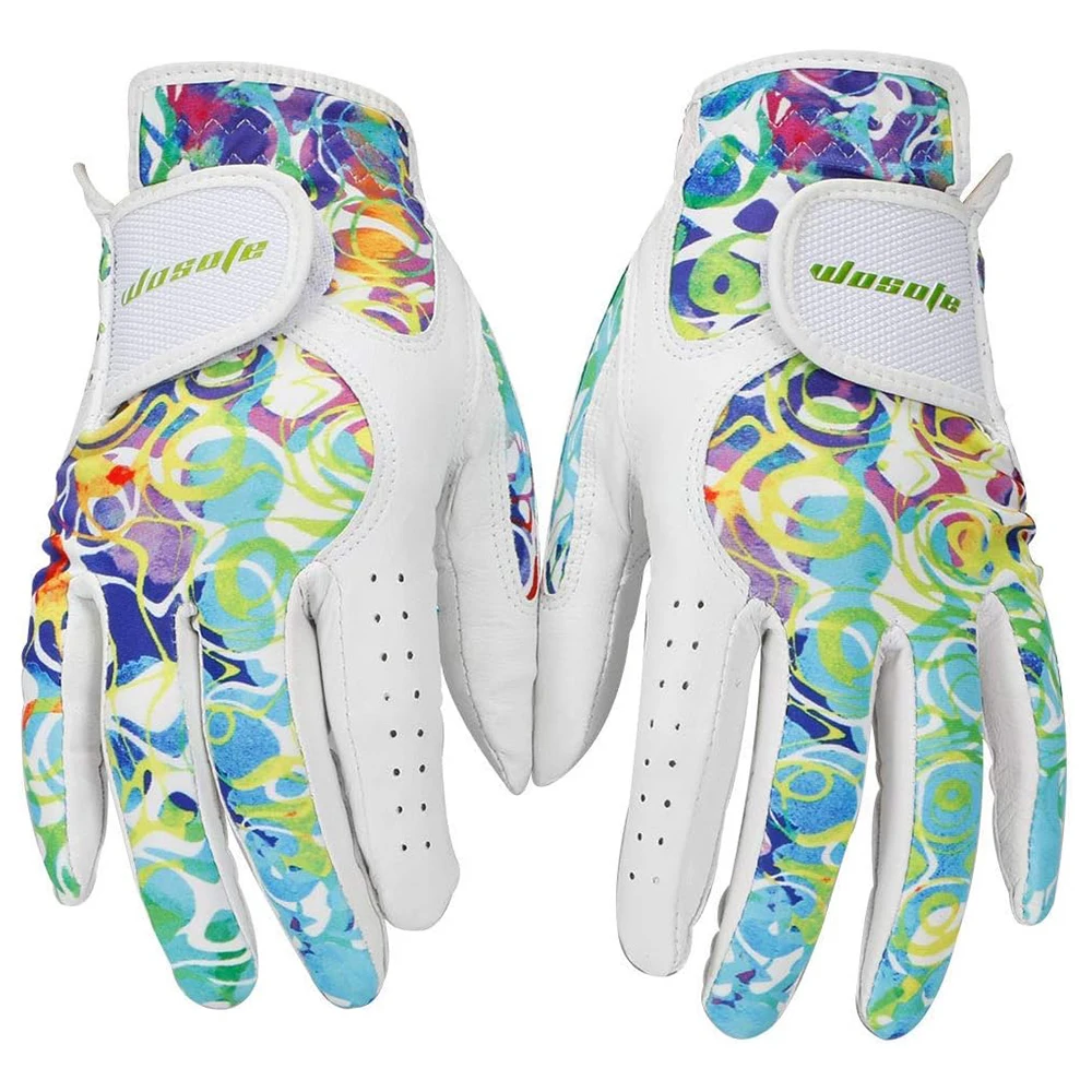 1 Paar Damen-Golfhandschuhe, bunt bedrucktes weiches Schafsleder, atmungsaktiv, rutschfest, Damen-Golfhandschuhe, Golfzubehör