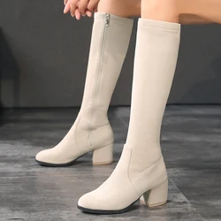 Flock Women's Knee High Boots Autumn Winter Shoes Black Beige Low Heels Long Thigh High Boot Ladies Fur Shoes Large Size 48