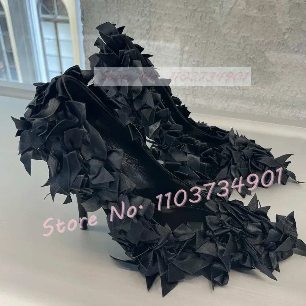 Black Satin Butterfly Pumps Women Pointy Toe Cover Heels Stiletto High Heels Shoes Ladies Sexy Nifty Gothic Solid Big SizePumps