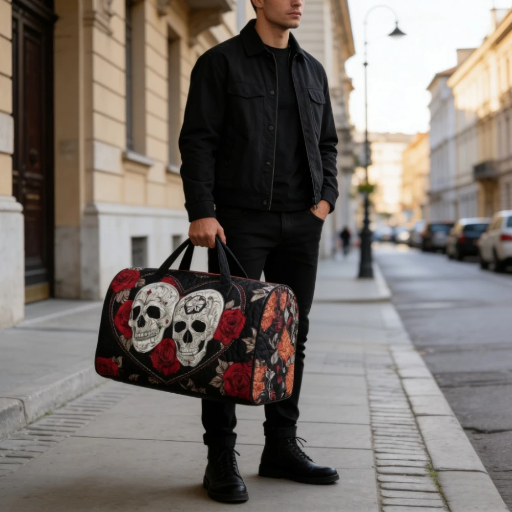 

Vintage Gothic Skull Rose Printed 3D Quilted Travel Bag Weekender Carry on Luggage Y2K Biker Chic Handbag Unique Holiday Bags