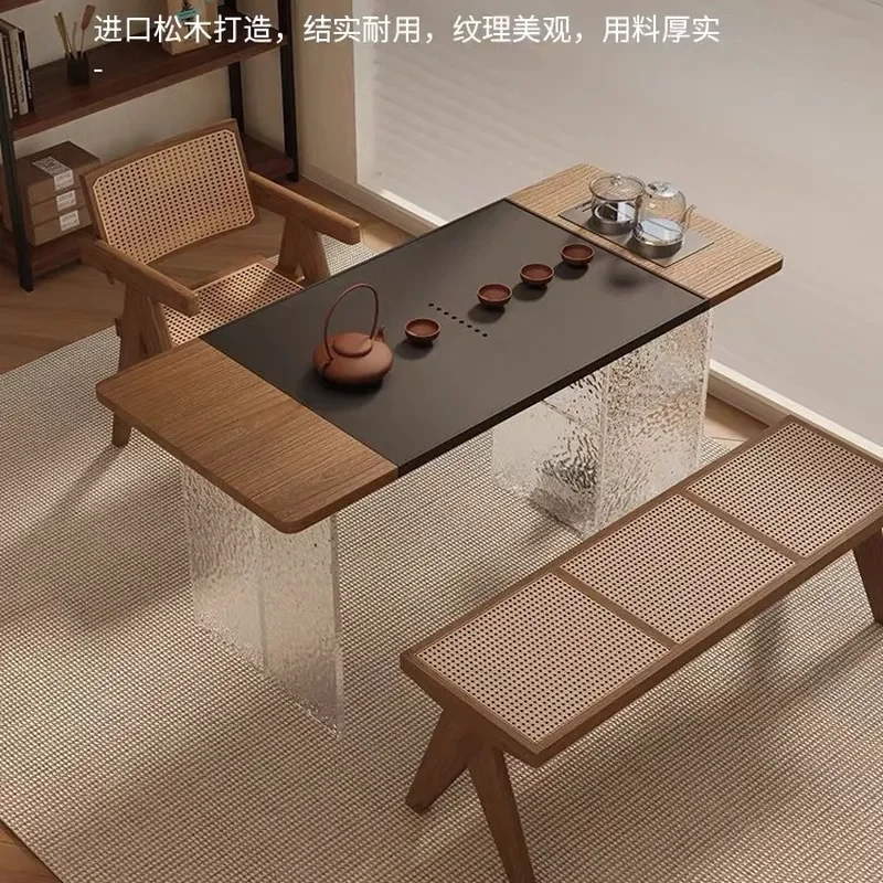 Solid Wood Balcony Tea Table and Chair Set Acrylic Suspended Design for Living Room Small Apartment Simple Calligraphy Desk