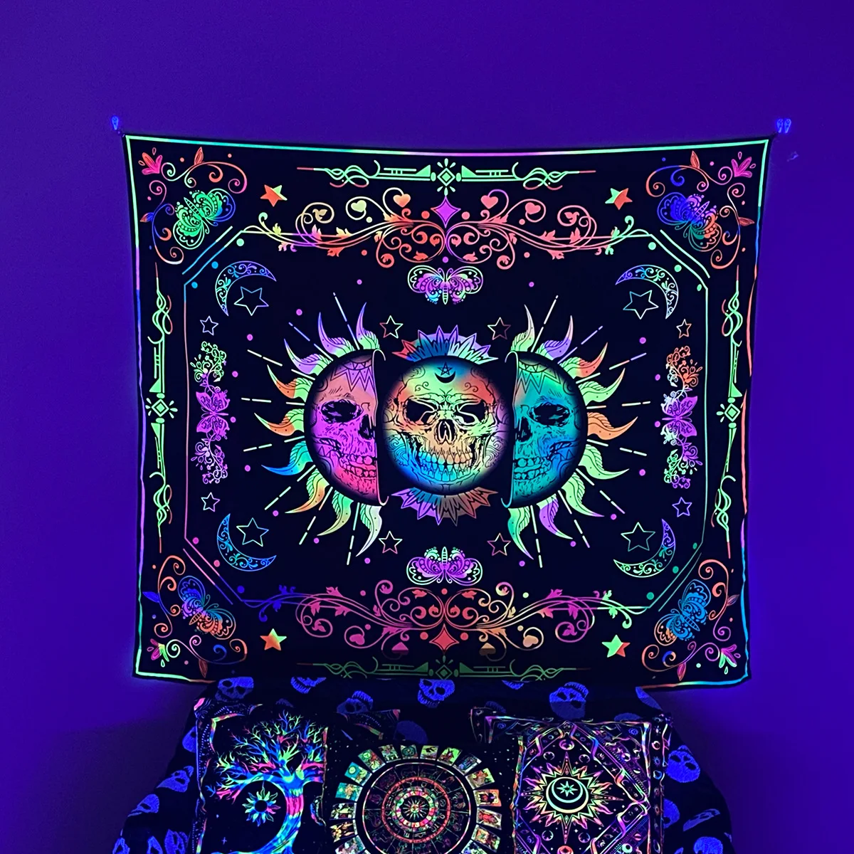 

Blacklight Trippy Sun Moon Skull Tapestry UV Reactive Neon Wall Hanging Peach Skin 2D Print Bedroom Aesthetic Decor 150x130