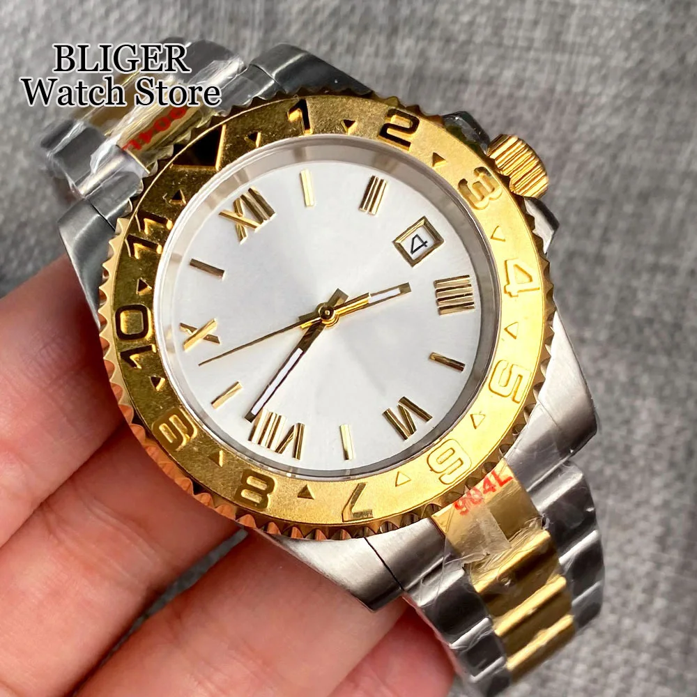 BLIGER 40mm Two Tone Gold NH35A Automatic Men Watch Gold Roman Numbers Silver Dial Steel Bracelet Sapphire Glass Slide Buckle