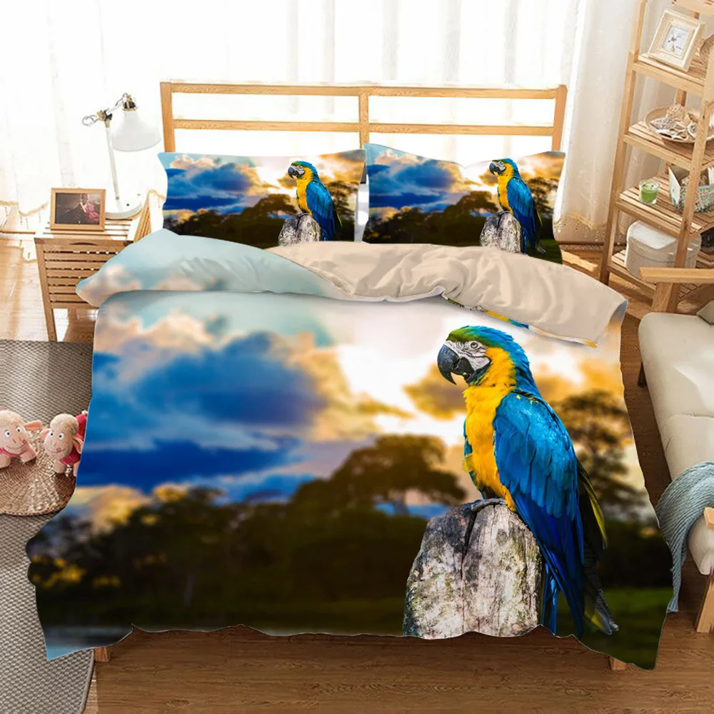 Set biancheria da letto ara King/Queen Size Copripiumino colorato pappagallo Bambini Ragazzi Copripiumino in poliestere con piante verdi tropicali