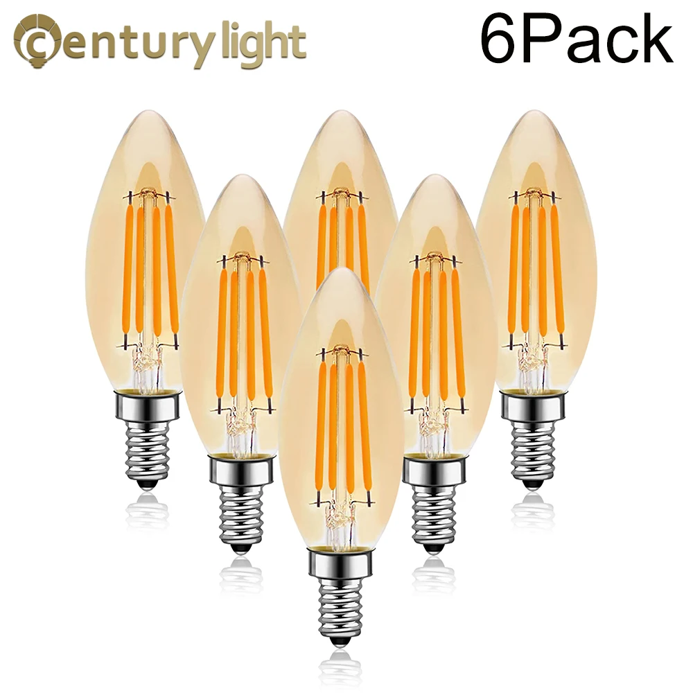 

6pcs Candle Led Filament Bulb C35 4W 6Watts Chandelier Replacement Bulb Amber Glass 2700K E12 E14 Base Dimmable Candelabra Lamp